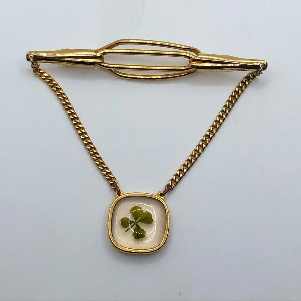 Vtg Anson Glass Four Leaf Clover Good Luck Lucky Tie Bar Clip Gold Tone 2.8”